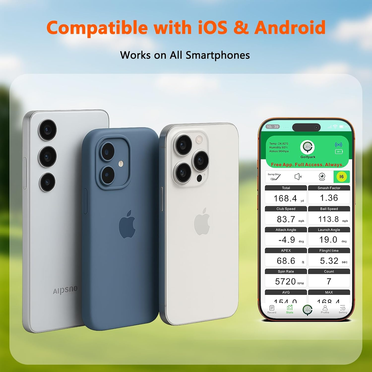 Golf Launch Monitor & Simulator: Portable Swing Analyzer with 13 Metrics, 3D Driving Range, 3D Trajectory & Video Record for Ios/Android