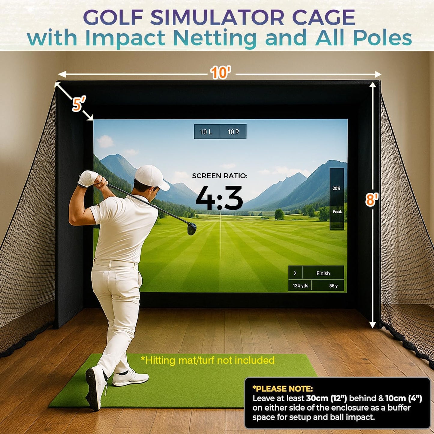 Golf Simulator Enclosure Kit 10 X 8 Ft, 4K-Ready Dual-Layer Projection Impact Screen, Safety Side Netting & Thick Foam Edge Padding for Indoor Home Garage Golf Cage Practice Training