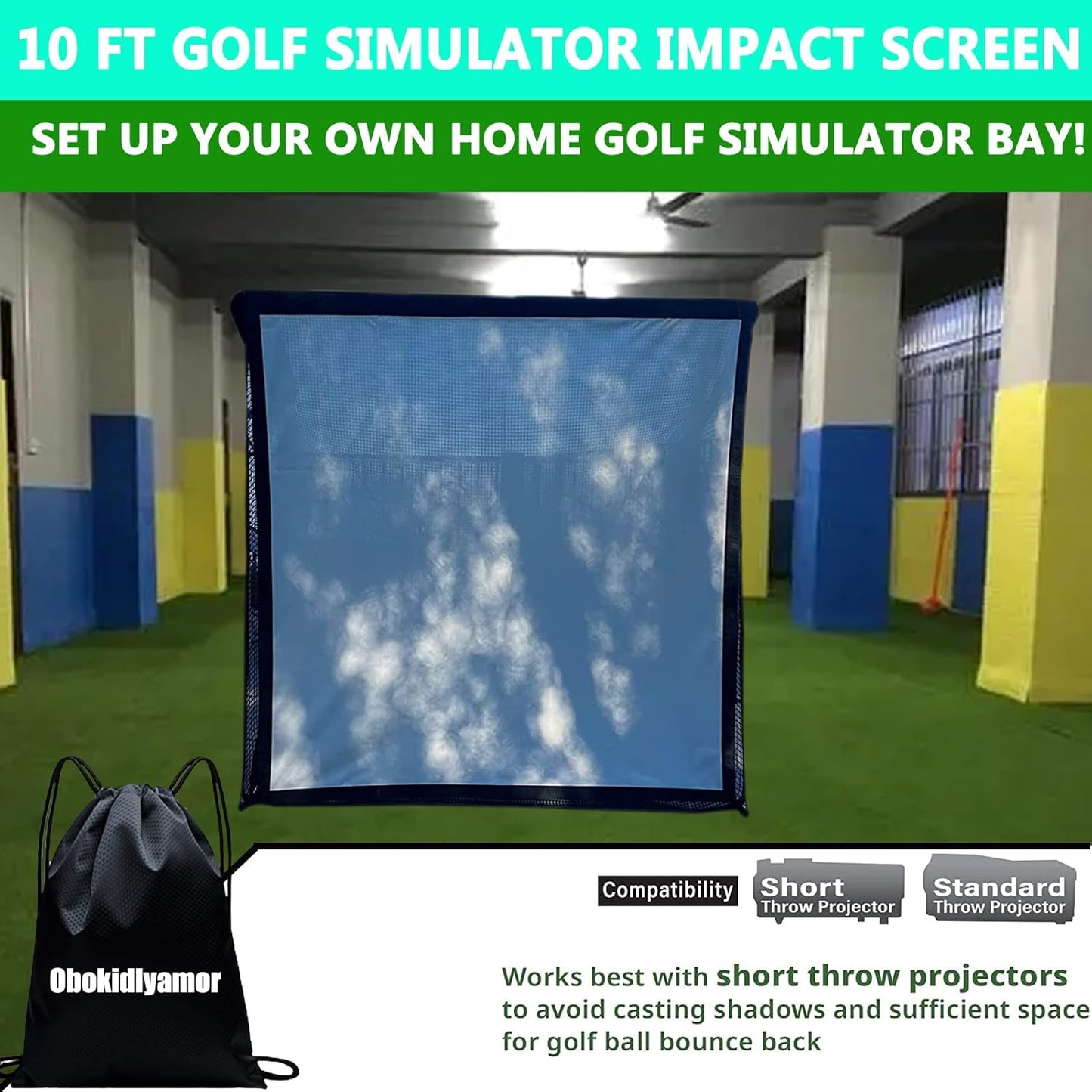 Golf Simulator Impact Screen with Black Double Layer Blackout Cloth Shank Side Net Ropes ;High Definition Premium 4K Projection Screen for Golfer