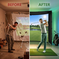 DIY Golf Simulator Impact Screen Frame Enclosure Kit Set, Use with Simulators, Durable Fabric with Velcro, Reinforced Black Border, 9.8'X9.8'X4.9' — Before & After