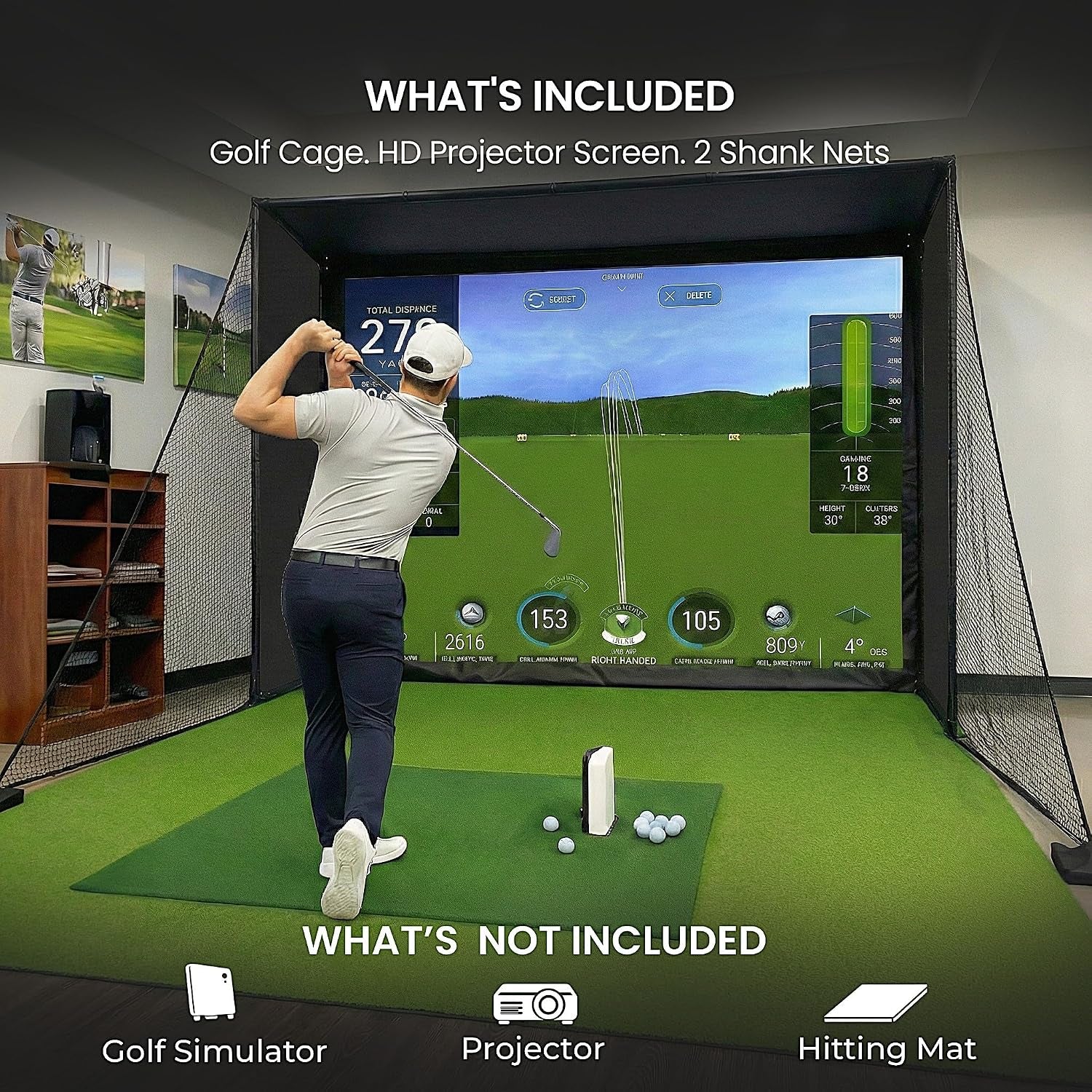 Golf Simulator Enclosure for Home 10X8 Ft Cage with HD Impact Sim Screen Two Shank Nets and Corner Foam Padding for Practice at Indoor Garage