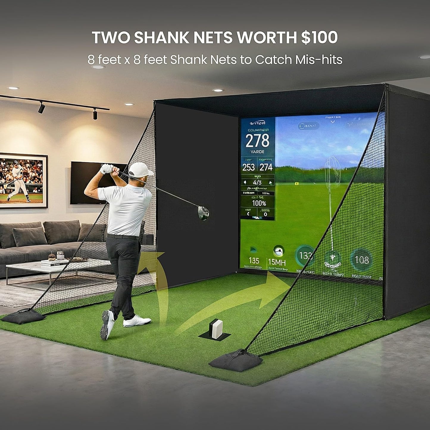 Golf Simulator Enclosure for Home 10X8 Ft Cage with HD Impact Sim Screen Two Shank Nets and Corner Foam Padding for Practice at Indoor Garage