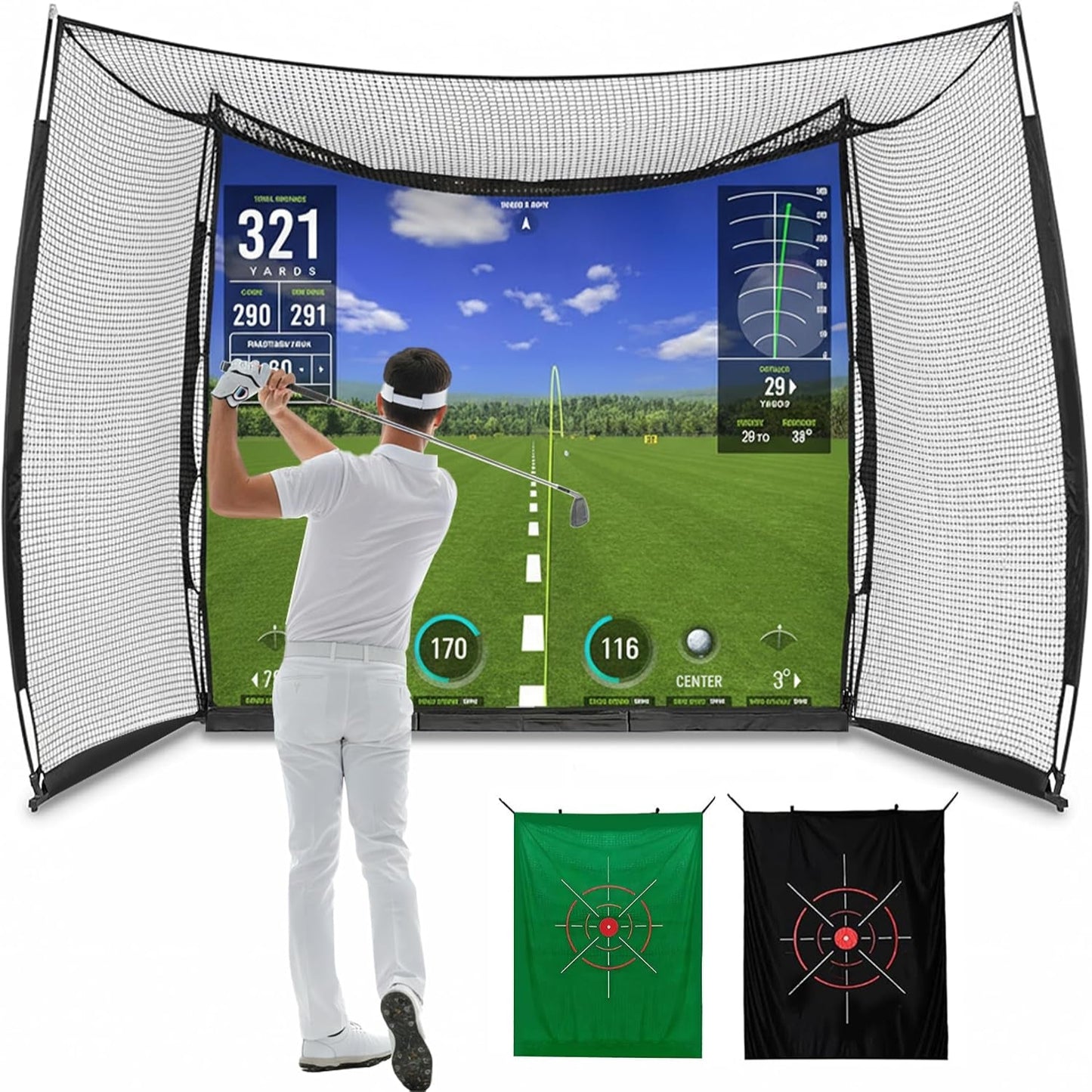 Golf Net,Golf Impact Screen,Golf Simulator Enclosure,11X8Ft Golf Hitting Cage,Equipped with Blank Simulator Screen and Green Target Cloth(Projector Not Included)