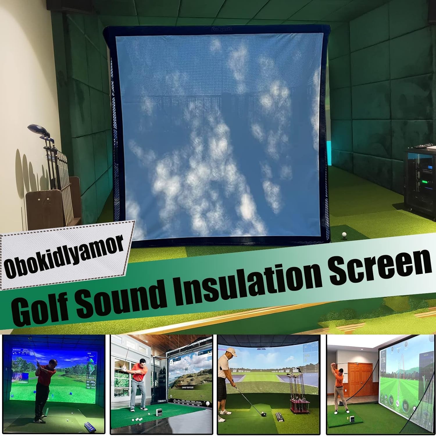 Golf Simulator Impact Screen with Black Double Layer Blackout Cloth Shank Side Net Ropes ;High Definition Premium 4K Projection Screen for Golfer