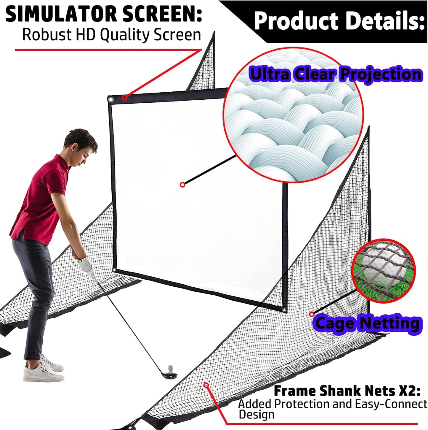 Golf Simulator Impact Screen with Black Double Layer Blackout Cloth Shank Side Net Ropes ;High Definition Premium 4K Projection Screen for Golfer