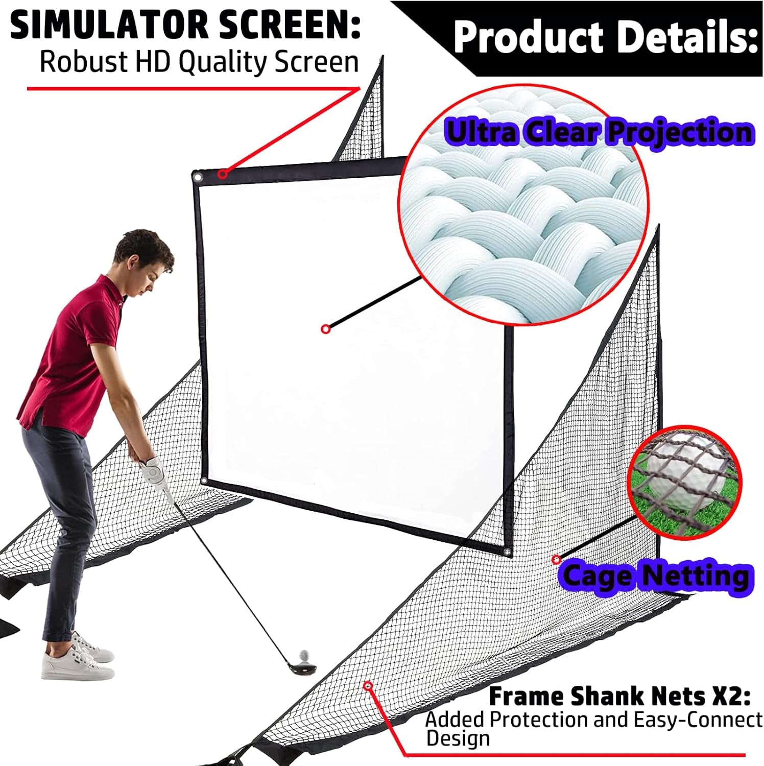 Golf Simulator Impact Screen with Black Double Layer Blackout Cloth Shank Side Net Ropes ;High Definition Premium 4K Projection Screen for Golfer